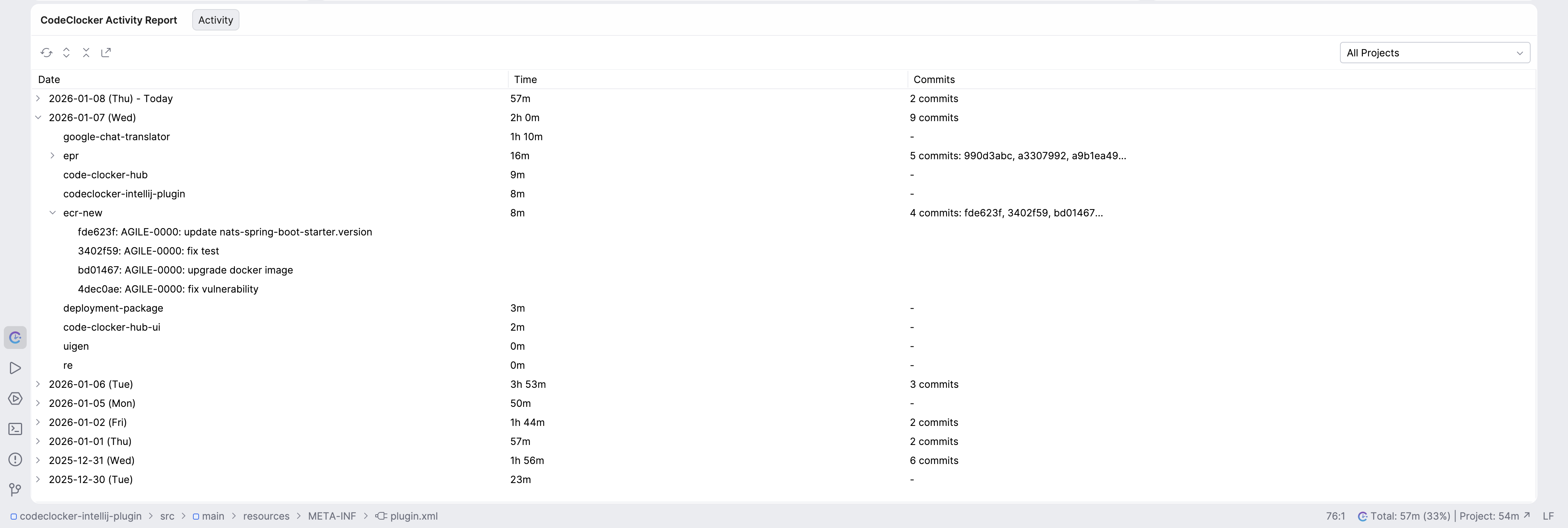 CodeClocker Activity Report Tool Window
