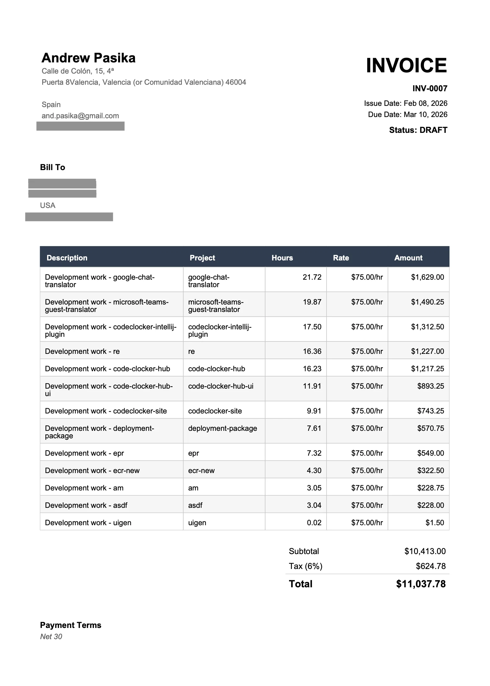 Invoice Generated from Time Tracking