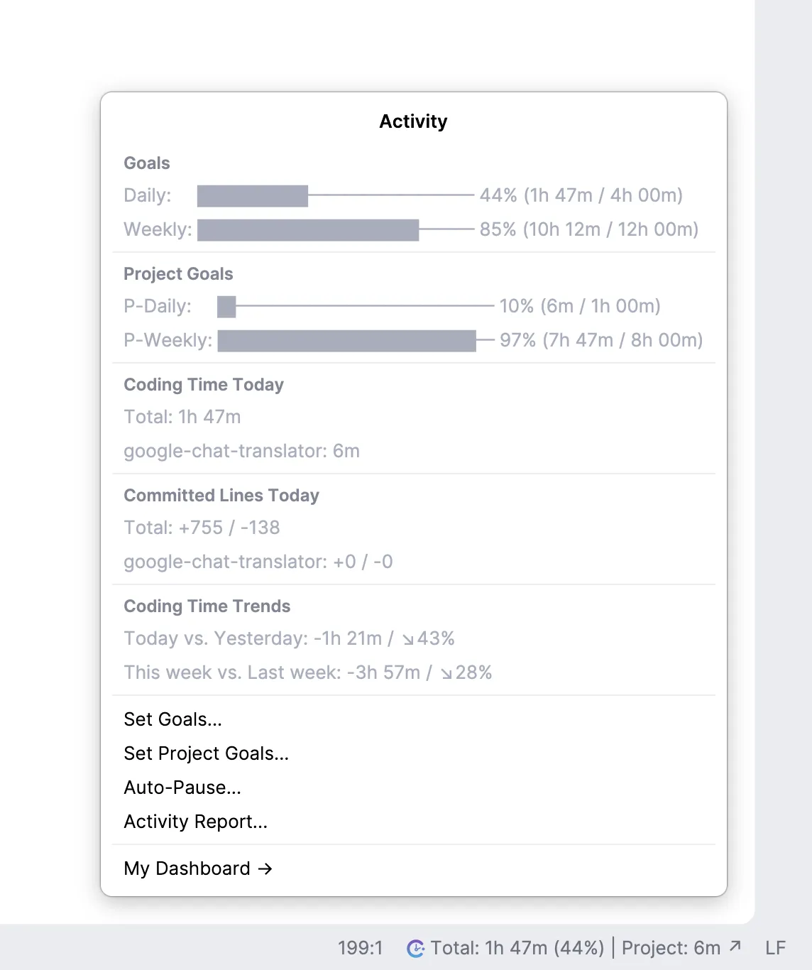 CodeClocker IDE status bar widget with goals and coding trends