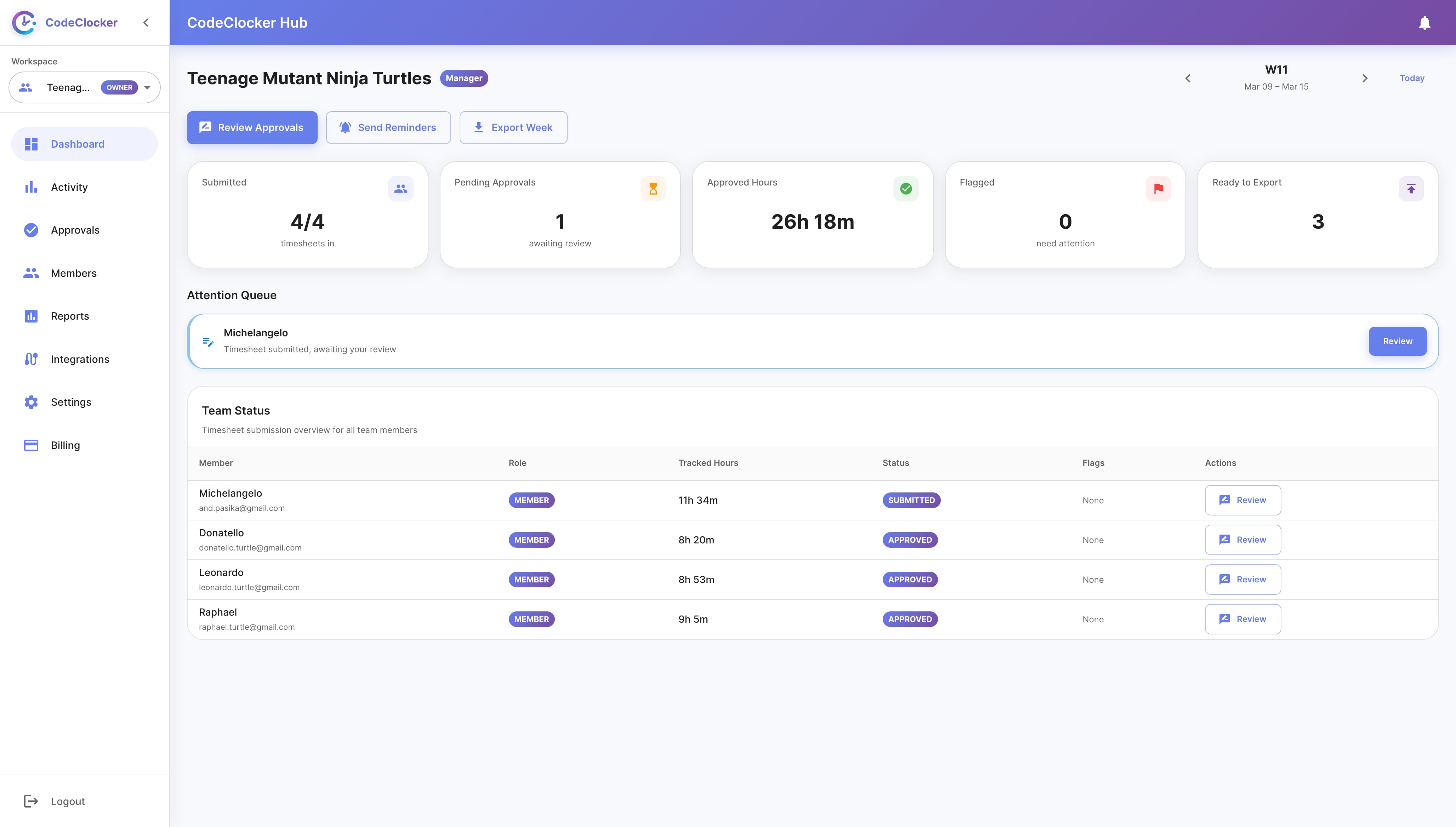CodeClocker Team Timesheet Approvals