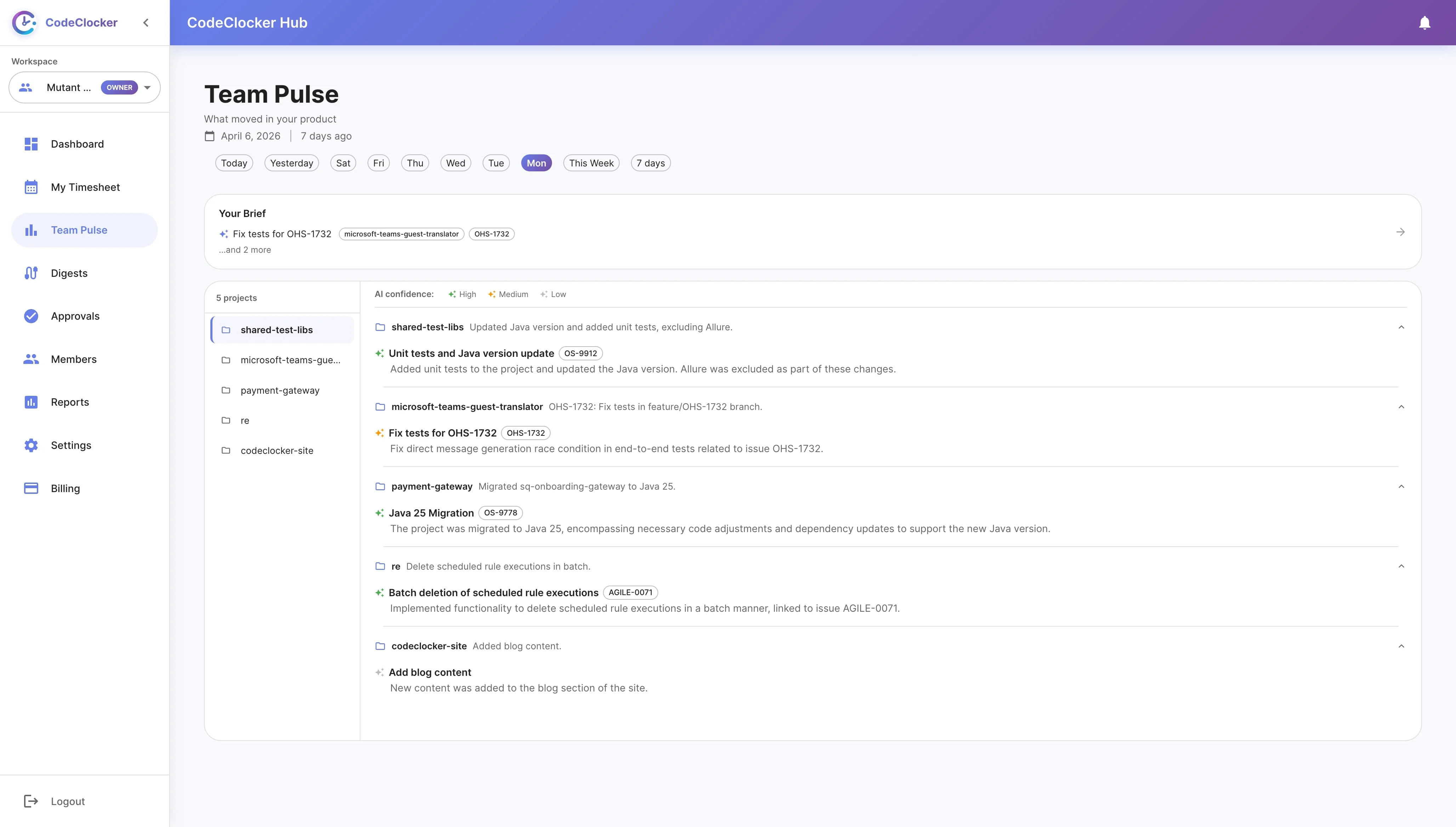 CodeClocker Team Pulse dashboard with AI-powered team awareness and project summaries