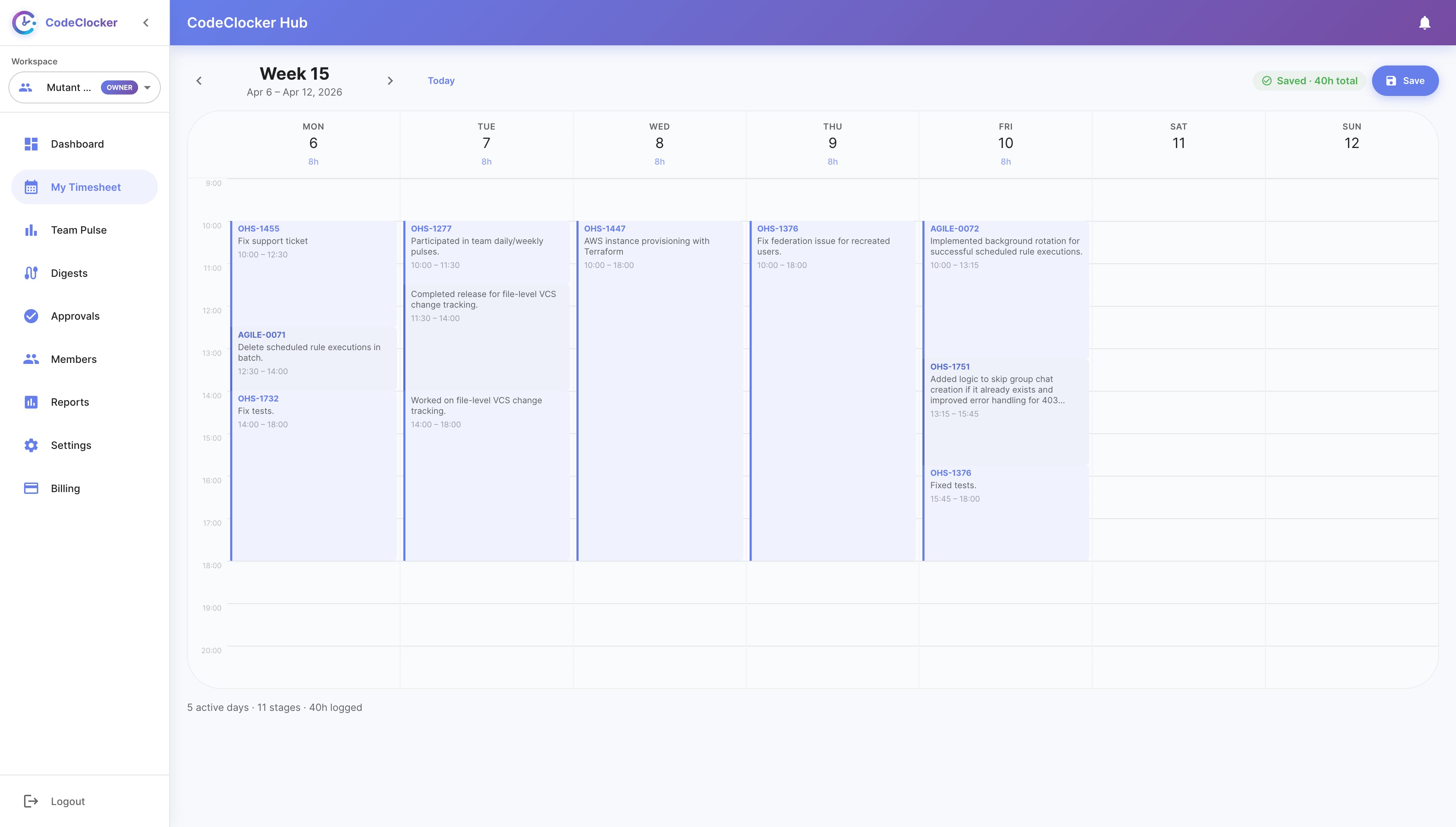 CodeClocker AI-Generated Weekly Timesheet Calendar